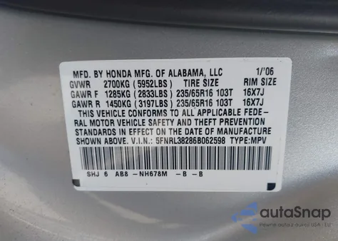 2006 Honda Odyssey Lx из США, поврежденный, VIN 5FNRL38286B062598